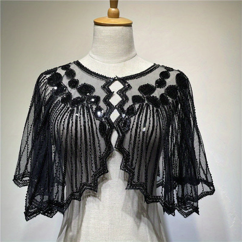 Vintage Punk Shawl Sequin Beaded Short Cape Mesh Wrap