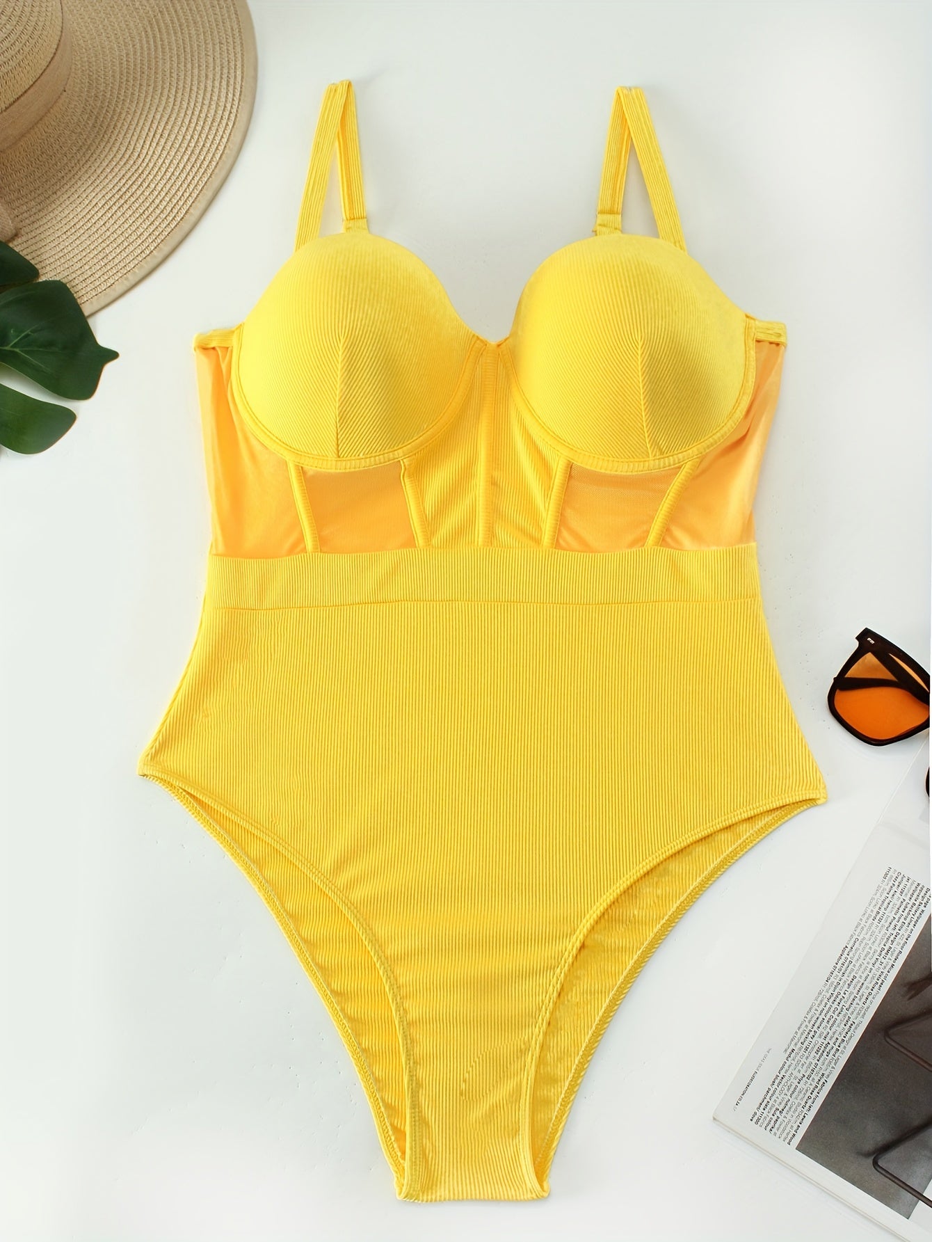 One Piece Swimsuit Contrast Mesh Ribbed Knit Bathing Suit