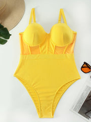 One Piece Swimsuit Contrast Mesh Ribbed Knit Bathing Suit