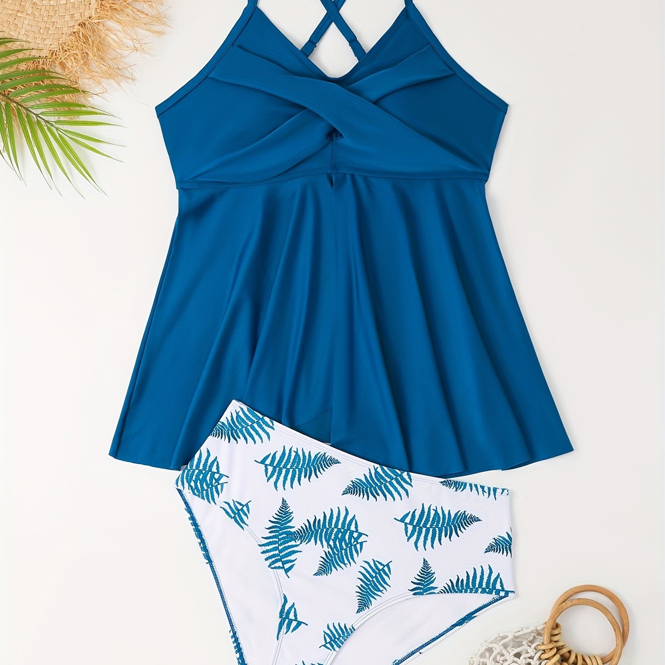 Solid V Neck Crisscross Back Cami Top & Leaf Print Panty Swimsuit Set