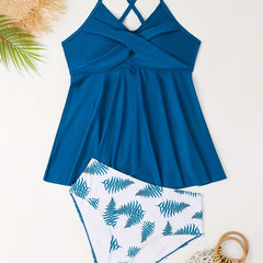 Solid V Neck Crisscross Back Cami Top & Leaf Print Panty Swimsuit Set