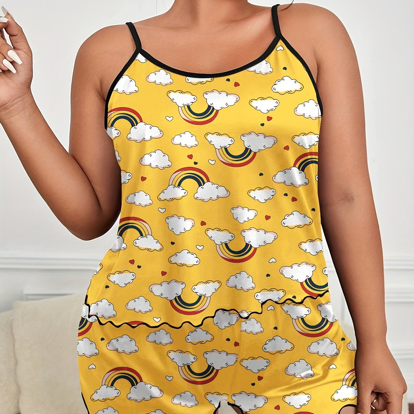 Rainbow Heart Print Pajama Set Round Neck Cami & Shorts Two Piece