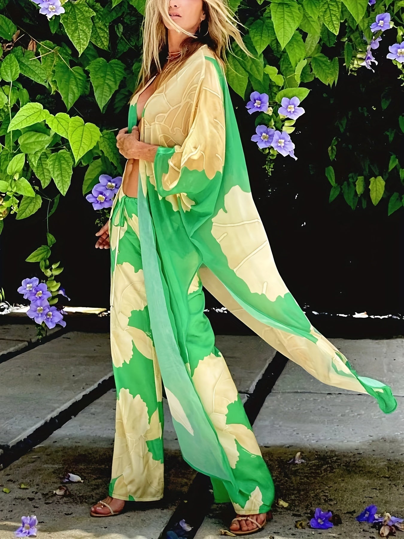 Floral Loose Fit Two Piece Set V Neck Beachwear Cover Up Pant