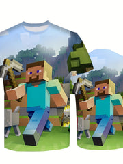 Boys 3D Building Block Printed Stylish T-shirt - Outdoor Casual Tees