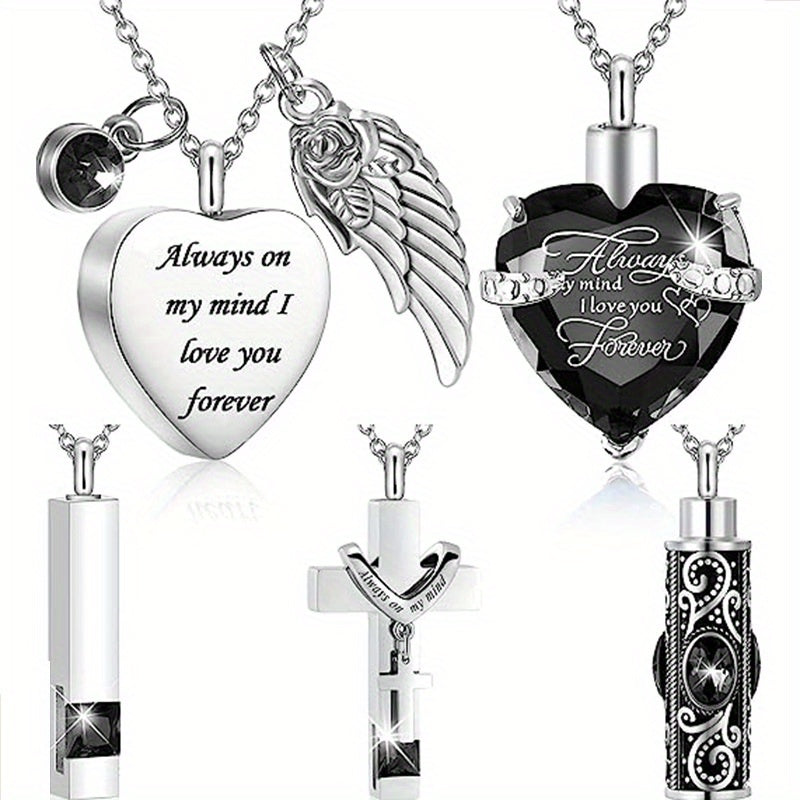 5pcs Heart Cross CZ Urn Necklace Stainless Steel Cremation Jewelry
