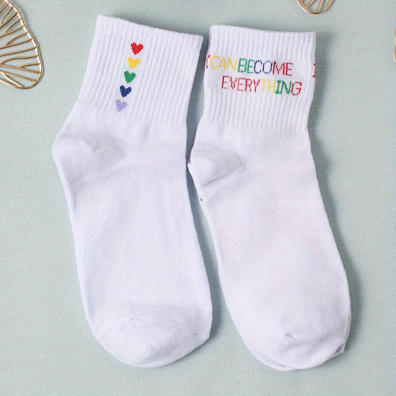 2 Pairs Letter & Heart Print Socks Breathable Mid Tube Women's Stockings