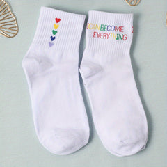 2 Pairs Letter & Heart Print Socks Breathable Mid Tube Women's Stockings