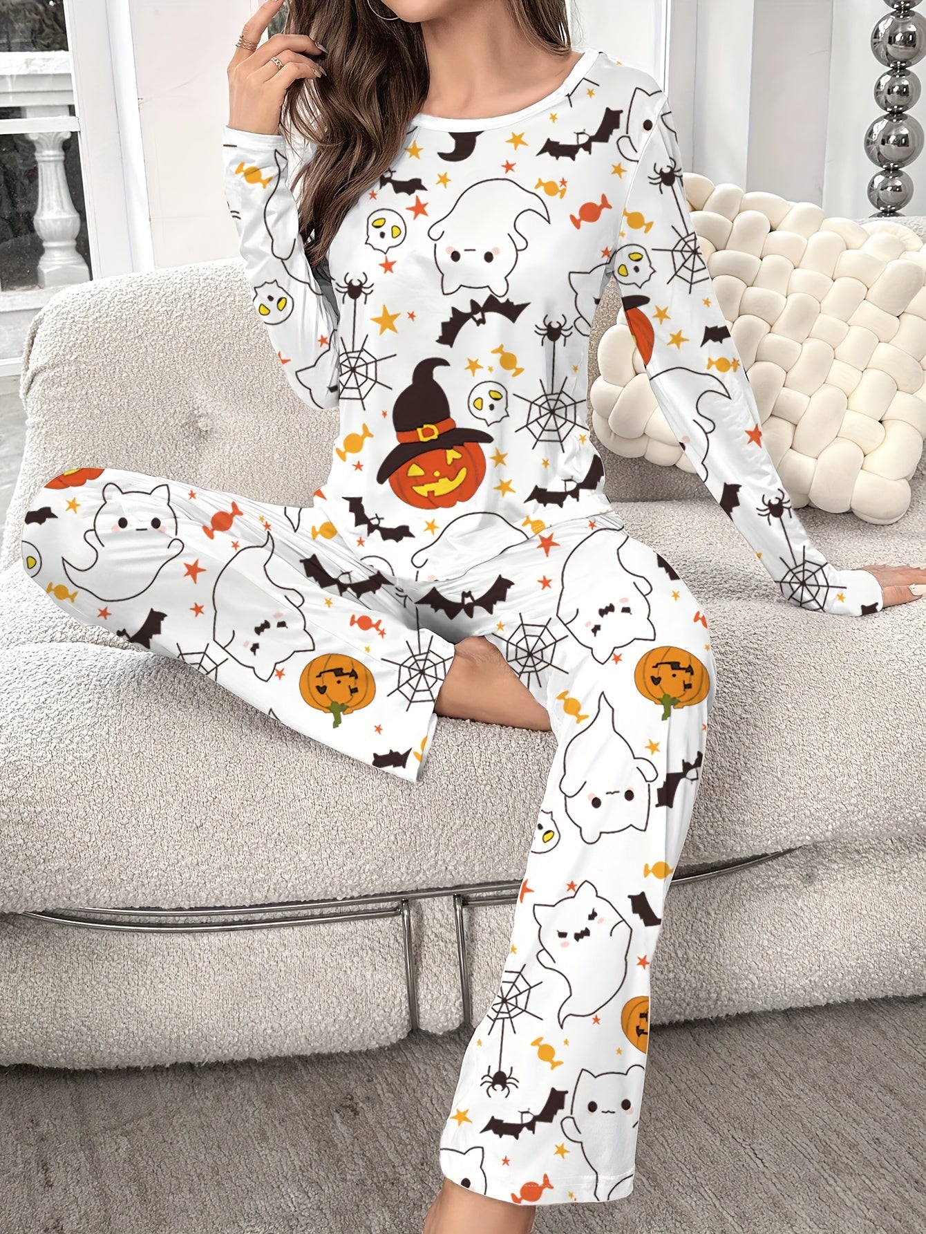 Halloween Pumpkin Print Pajama Set Long Sleeve Crew Neck Top & Pants Sleepwear