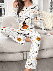 Halloween Pumpkin Print Pajama Set Long Sleeve Crew Neck Top & Pants Sleepwear
