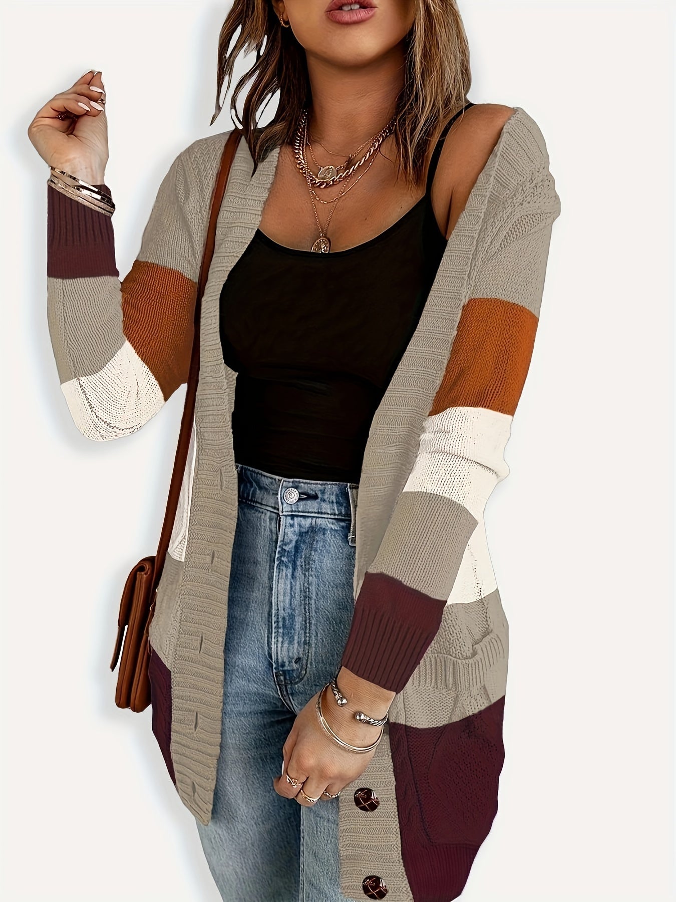 Colorblock Long Sleeve Button Up Sweater Cardigan With Pockets