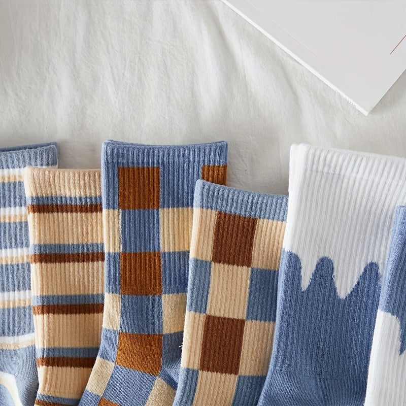 6 Pairs Striped & Plaid Crew Socks Comfy & Breathable Colorblock Socks