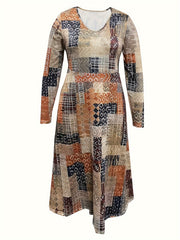 Geo Print Maxi Dress Long Sleeve V Neck Retro Style