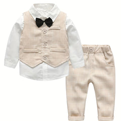 Boys Plaid Gentleman Outfits Long Sleeve Bowtie Shirt&pants&vest Kids Clothing