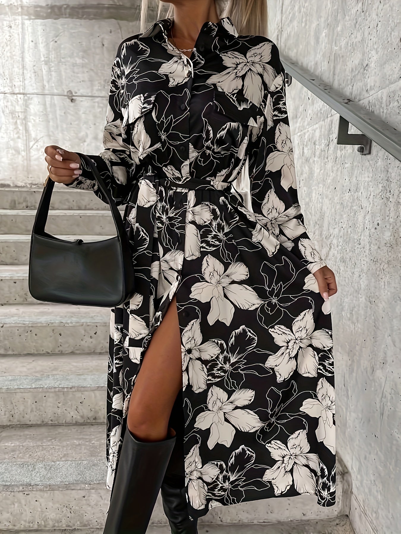 Floral Print Button Up Maxi Dress With Belt