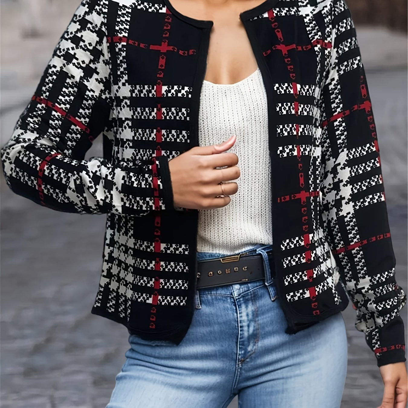 Plaid Open Front Jacket Casual Contrast Trim Jacket for Spring & Fall