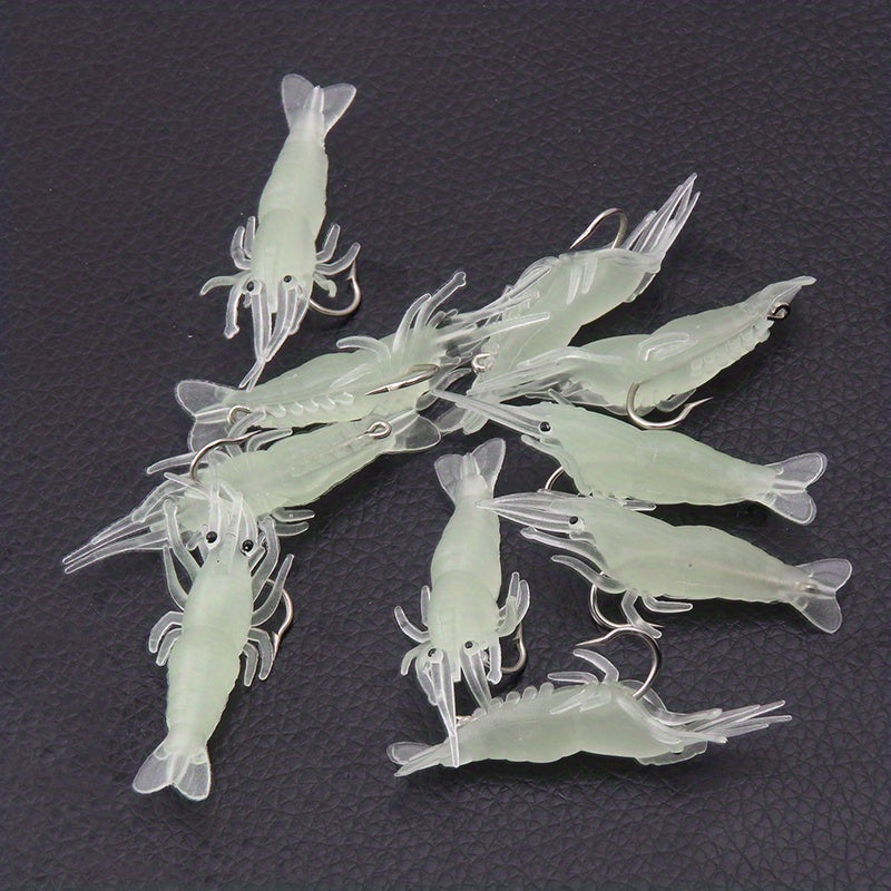 10pcs Luminous Shrimp Soft Bait w/Hooks for Carp Fishing Silicone Glow in Dark