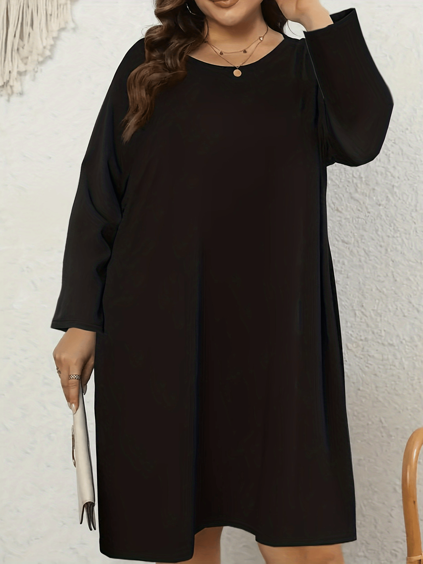 Solid Long Sleeve Round Neck Tee Dress