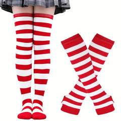 Striped Arm Sleeve Gloves & Thigh High Socks Set for Cosplay & Parties