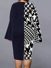 Colorblock Houndstooth Bell Sleeve V Neck Midi Dress