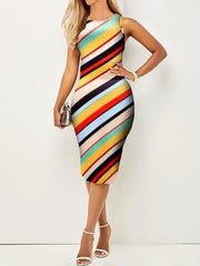 Contrast Crew Neck Dress Sleeveless Bodycon Midi Dress