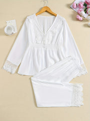 Lace Pajama Set Top & Elastic Waistband Pants Women's Sleepwear