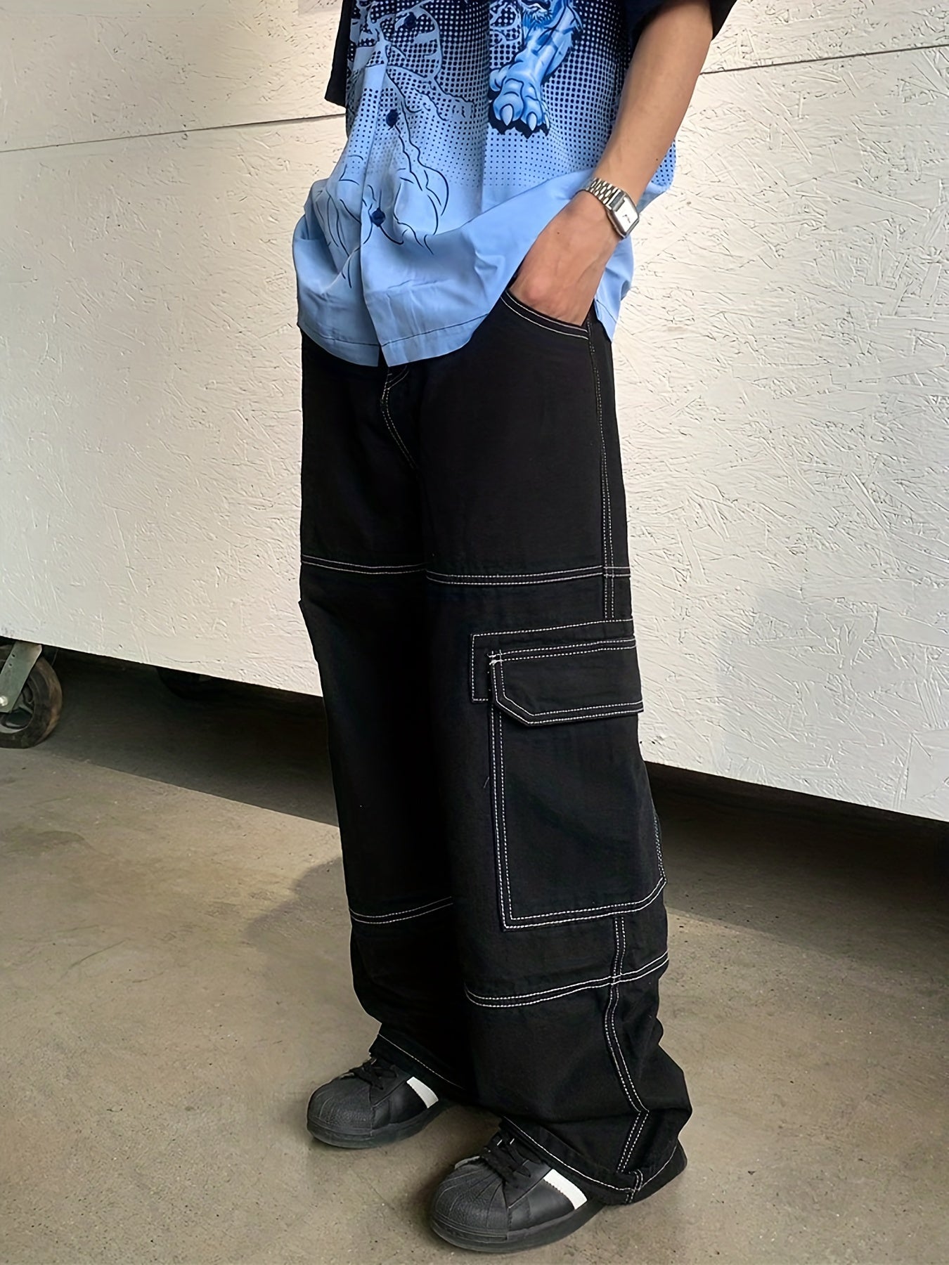 Cotton Patchwork Men's Cargo Pants Loose Baggy Casual Outdoor Work