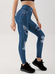Faux Denim Print Yoga Leggings High Stretch Running Yoga Tight Pants
