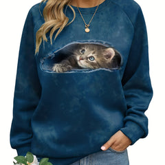 Cat Print Sweatshirt Casual Crew Neck Long Sleeve Sweatshirt