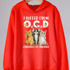 Cartoon Cat & Creative Words Print Hoodies Comfy Casual Hooded Sweatshirt