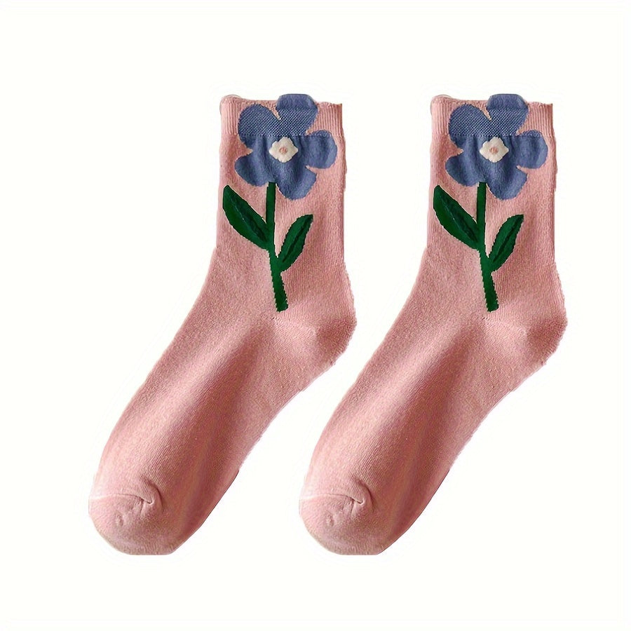 5 Pairs Floral Print Socks Women Comfy & Breathable Mid Tube Stockings