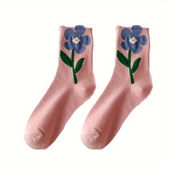 5 Pairs Floral Print Socks Women Comfy & Breathable Mid Tube Stockings