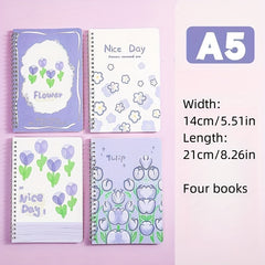 4pcs set Student A5 Coil Book Set Flower Journal Notepad Notebook
