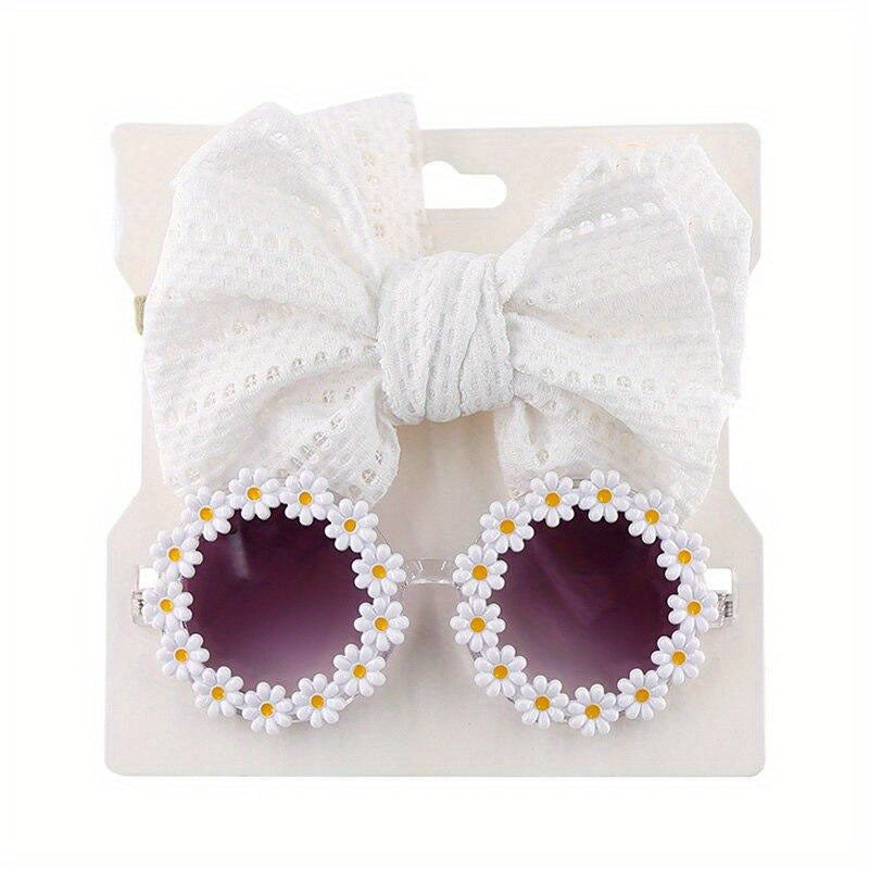 2pcs Bowknot Hair Rope & Flower Round Sunglasses for Sun Protection