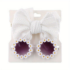 2pcs Bowknot Hair Rope & Flower Round Sunglasses for Sun Protection