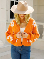 Floral Pattern Open Front Cardigan Long Sleeve Crop Sweater
