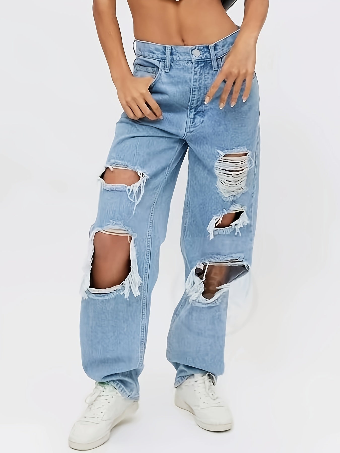 Ripped Distressed Boyfriend Jeans Slash Pockets