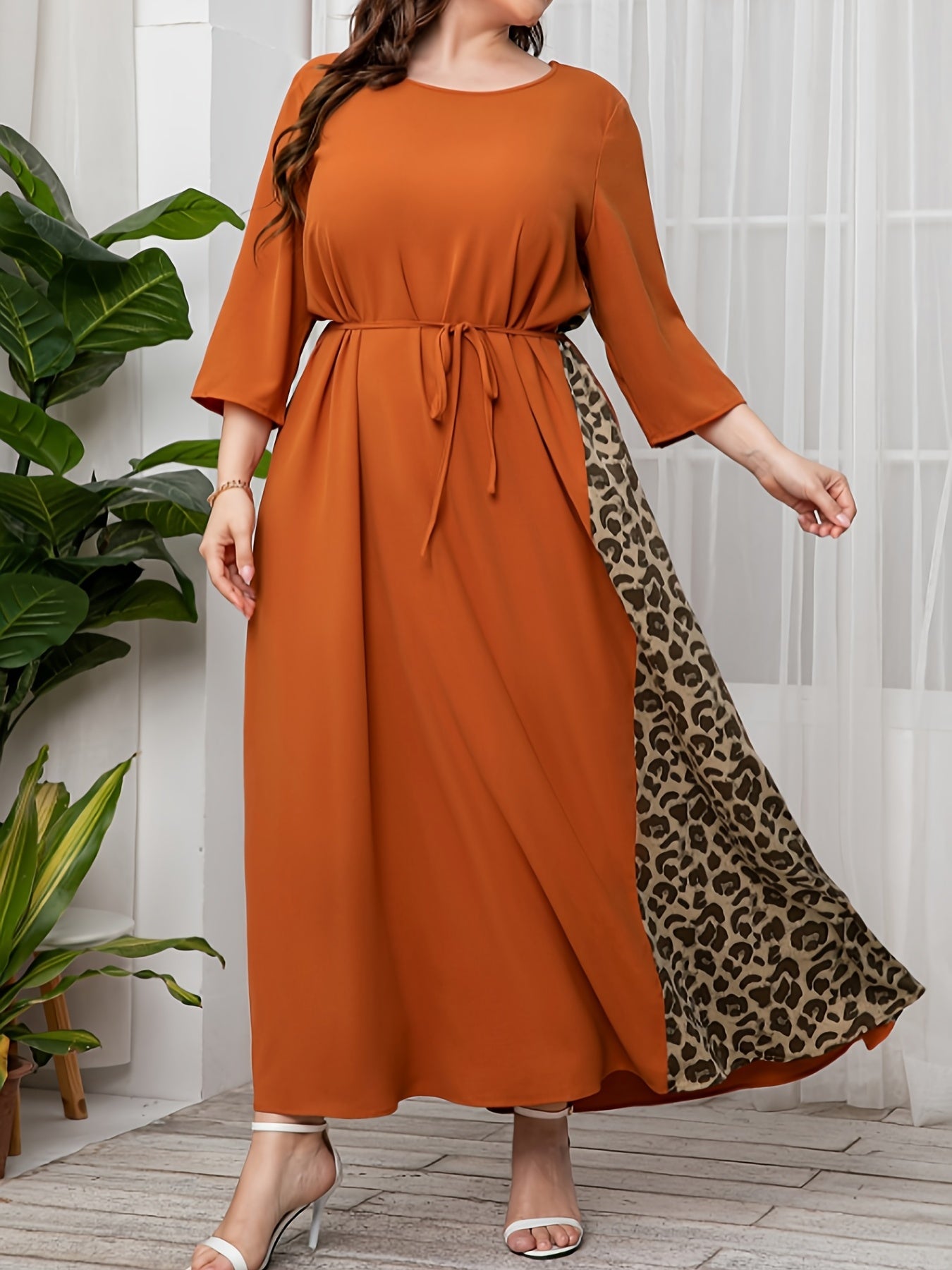 Colorblock Leopard Print Kaftan Maxi Dress with Belt
