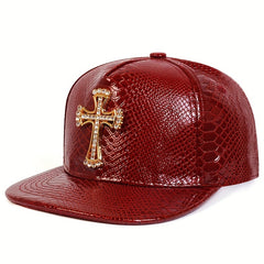 Rhinestone Metal Cross Baseball Cap Solid PU Leather Hip Hop Sports Hats