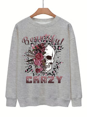 Crazy Skull Print Pullover Sweatshirt for Women