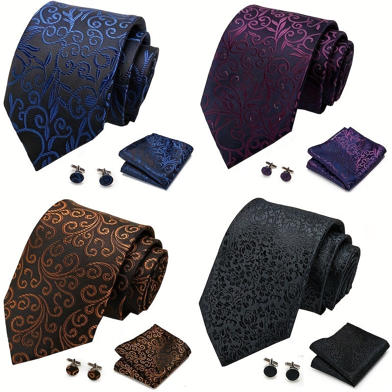 Men's Plaid Handkerchief Cufflink, Necktie, Pocket Squares Set