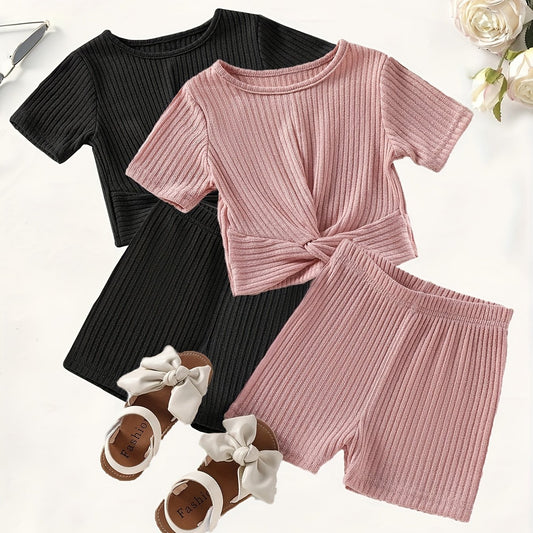 2pcs Toddler Girls Clothes Knot Front Tee Shorts Set