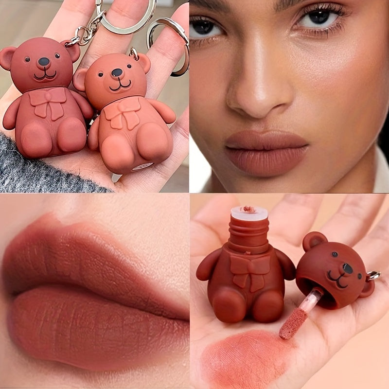 Gray Pink Matte Lip Glaze Bear Keychain Liquid Lipstick