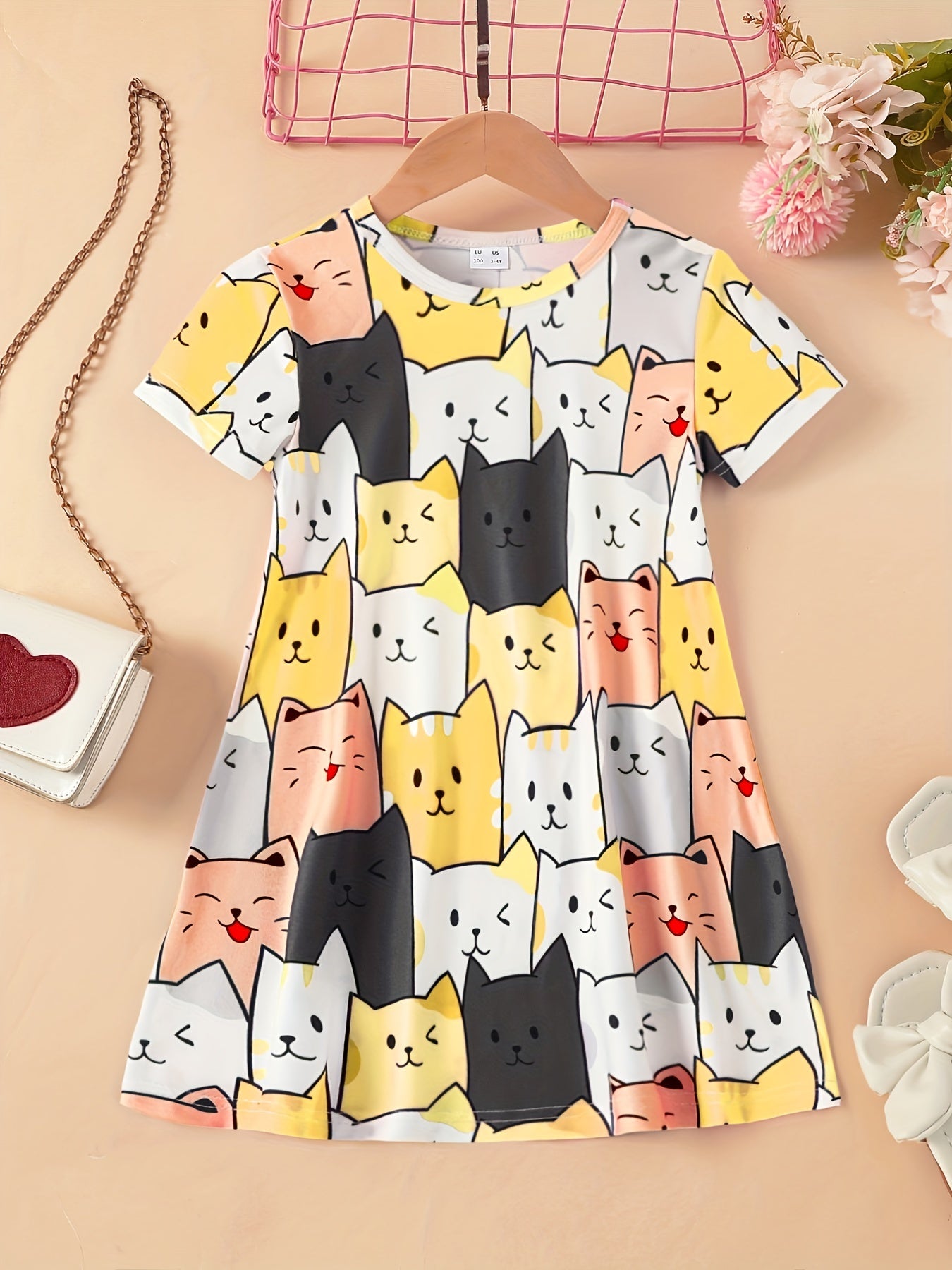 Girls Cartoon Cat Sleeveless Dress for Summer Holiday