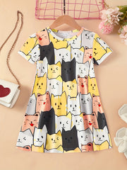 Girls Cartoon Cat Sleeveless Dress for Summer Holiday