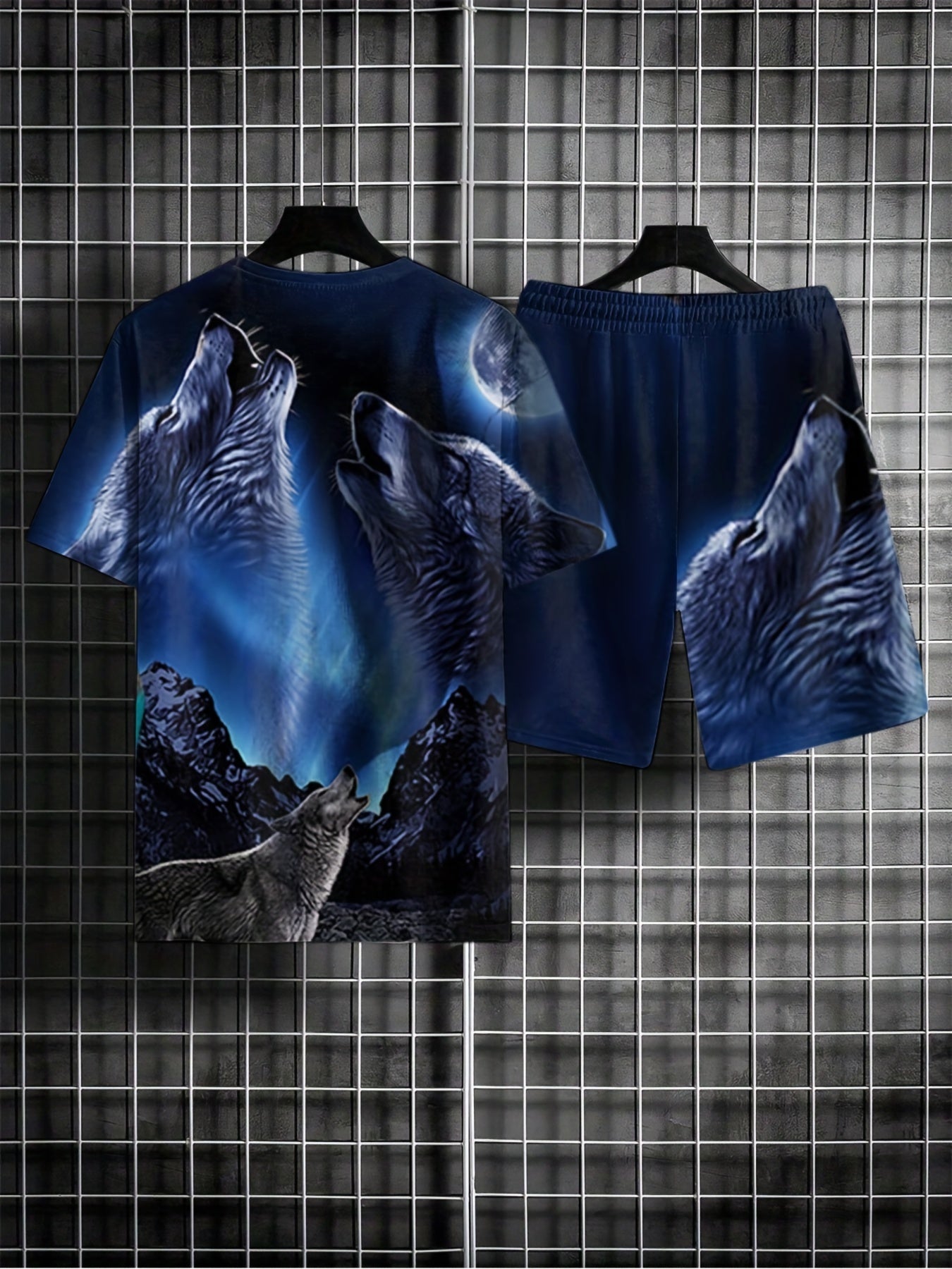 3D Wolf Pattern Print Men's 2Pcs Outfits Casual T-shirt And Shorts Set