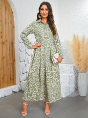 Graphic Print Maxi Dress Long Sleeve Ruched Dress With Collar