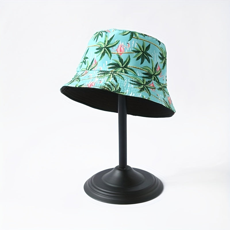 Flamingo Coconut Tree Bucket Hat Lake Cartoon Print Fisherman Cap