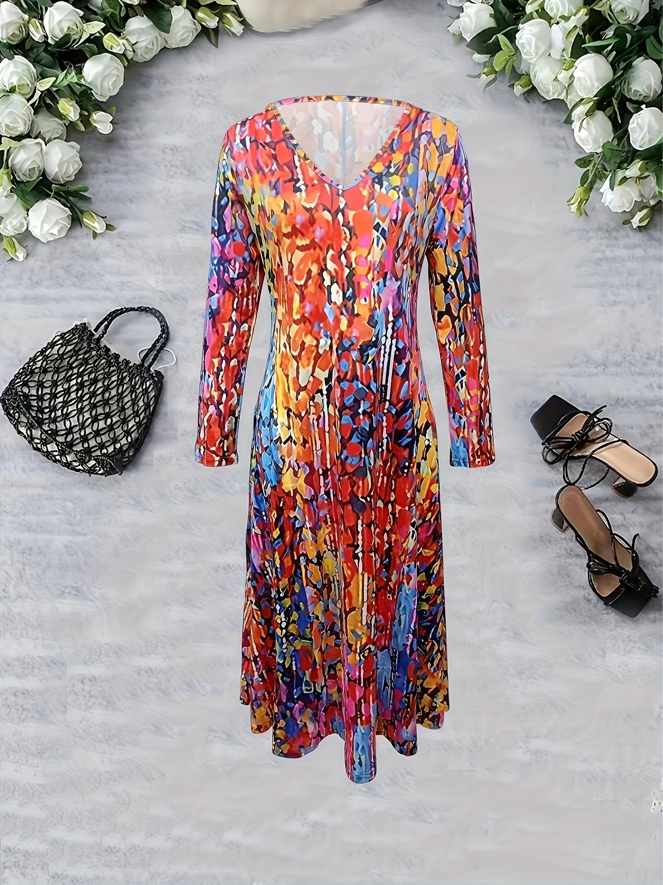 Tie Dye Long Sleeve V Neck Midi Dress