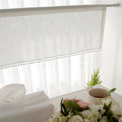 Boho Cotton Linen Curtain with Pom Poms Rod Pocket for Home Decor