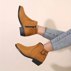 Women's Chunky Low Heel Short Boots Side Zip Ankle Buckle Boots
